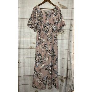 Women's Floral Jumpsuit Size L Pink Wide Leg‎ Off Shoulder Boho Romper